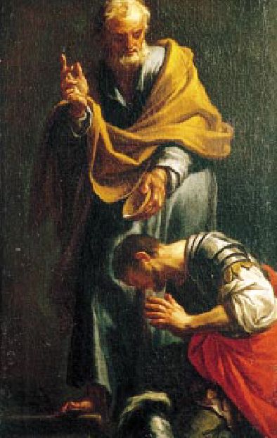 Cornelius the centurion kneeling in front of St. Peter